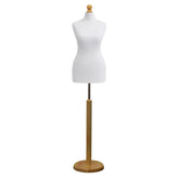 White female dressmakers dummy with light wood round base, adjustable height, ideal for sewing, tailoring, and display.